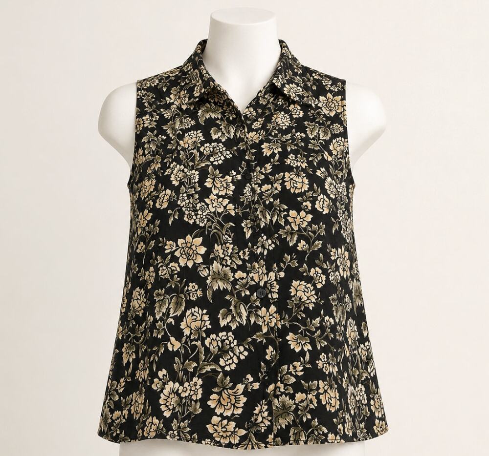 Creek 90s Black Floral Sleeveless Button Front Blouse Size M Vintage Style